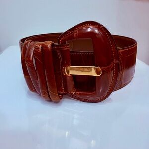 Loewe cognac alligator wide belt with gold finish buckle